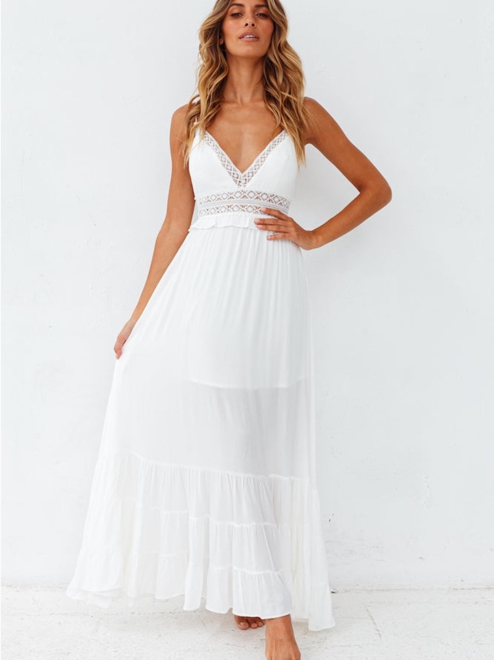 All My Love Maxi Dress White Lace-Trim V-Neck Summer Dress